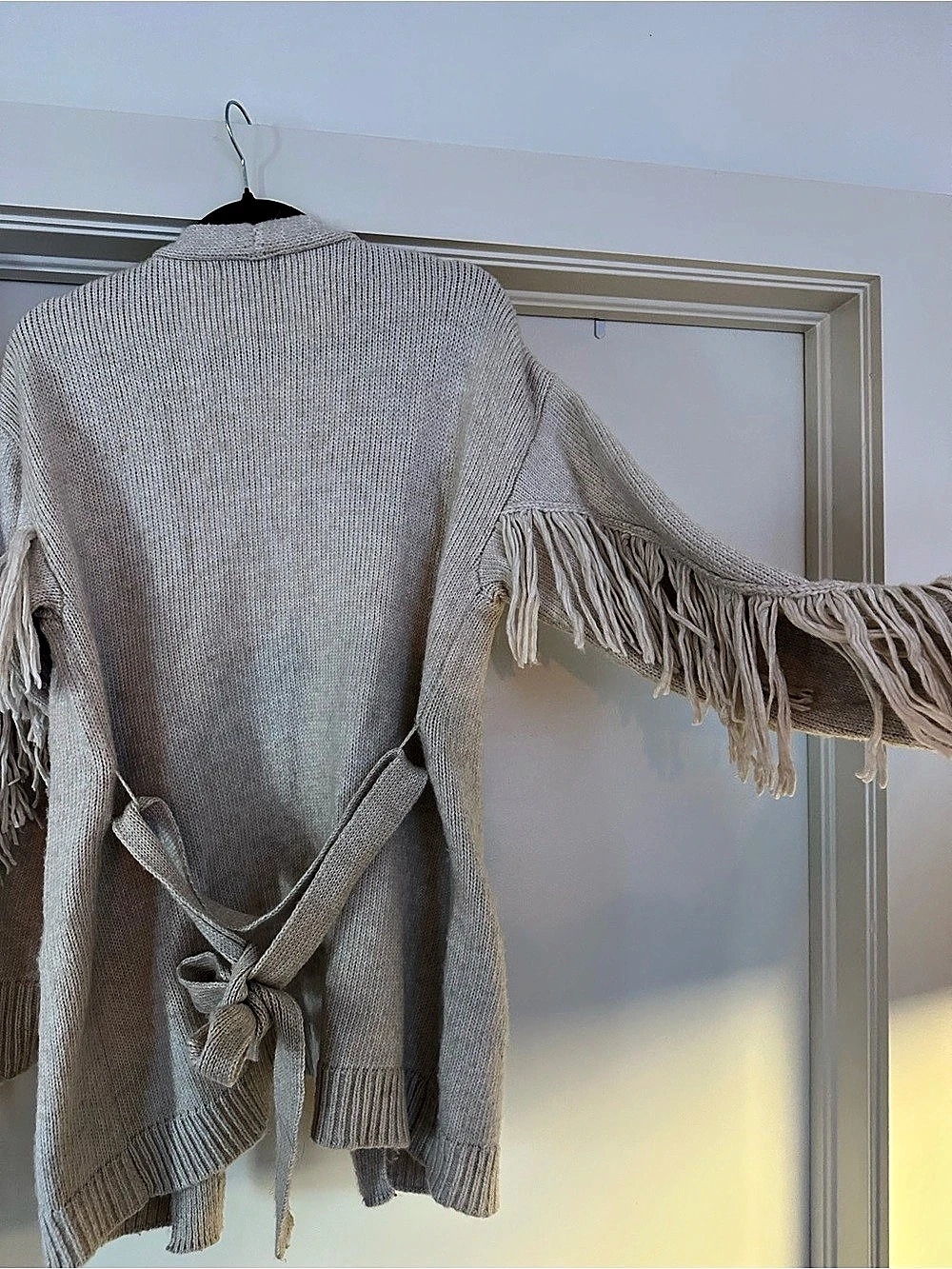 Sanctuary Belted Fringe Long Cardigan Sweater, Cream, XS